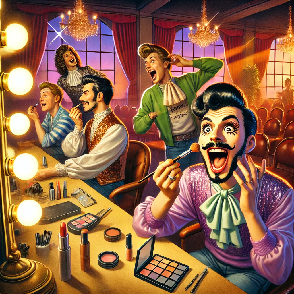 Een humoristische cartoonstijl illustratie van een make-upworkshop waar crossdressers en visagisten samenkomen. Een deelnemer overdrijft hun eyeliner, terwijl een ander verbaasd in de spiegel kijkt. De sfeer is gezellig en ondersteunend.