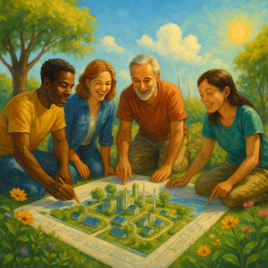 Mensen werken samen aan ontwerpen voor een groene en duurzame stad in een parkachtige omgeving.