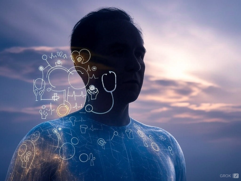 Illustratie van de uitdagingen van long COVID met een kwetsbare persoon in silhouet, omgeven door medische symbolen en gemeenschapsiconen, tegen een achtergrond van wazige wolken en lichtstralen die hoop symboliseren.