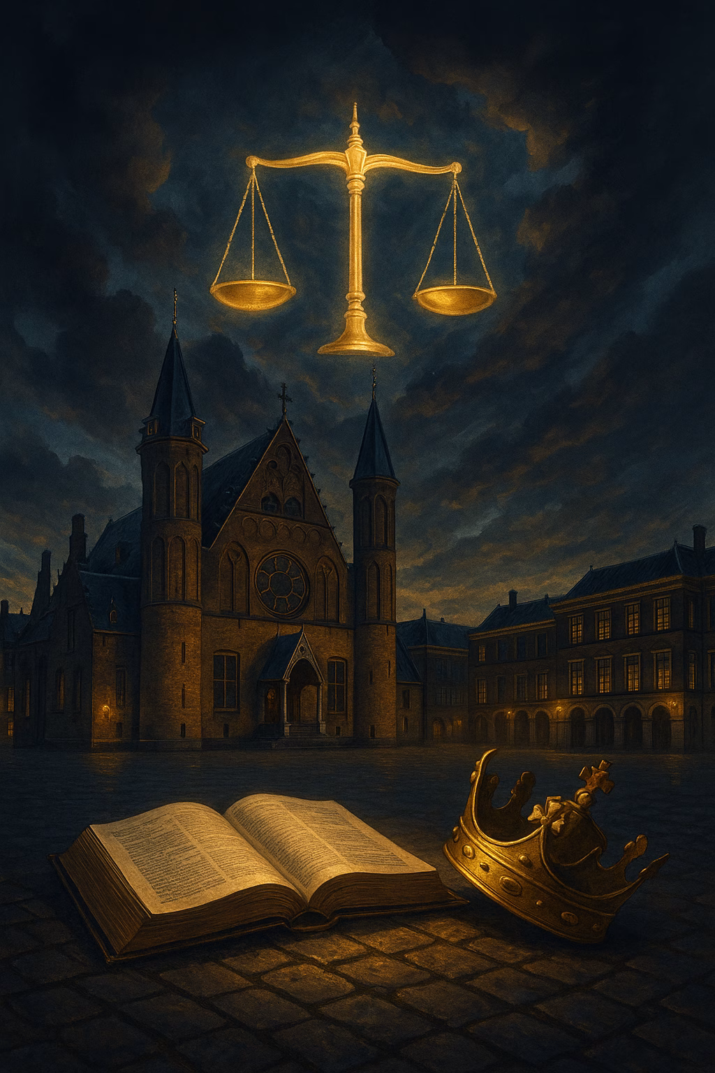 Illustratie van het Binnenhof bij avondschemering met een verlichte weegschaal van gerechtigheid boven het gebouw.