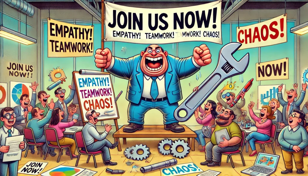 Een hilarische cartoonafbeelding van een workshop met een overenthousiaste gastheer en deelnemers die worstelen met gigantische tools zoals een enorme moersleutel en een reusachtige laptop.