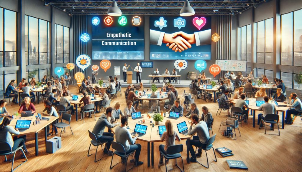 Een hyperrealistische workshop in een ruime, goed verlichte zaal, waarin deelnemers conflictresolutie-oefeningen doen, brainstormen met apps zoals Slack en Miro, en feedbackformulieren bespreken via Google Forms.