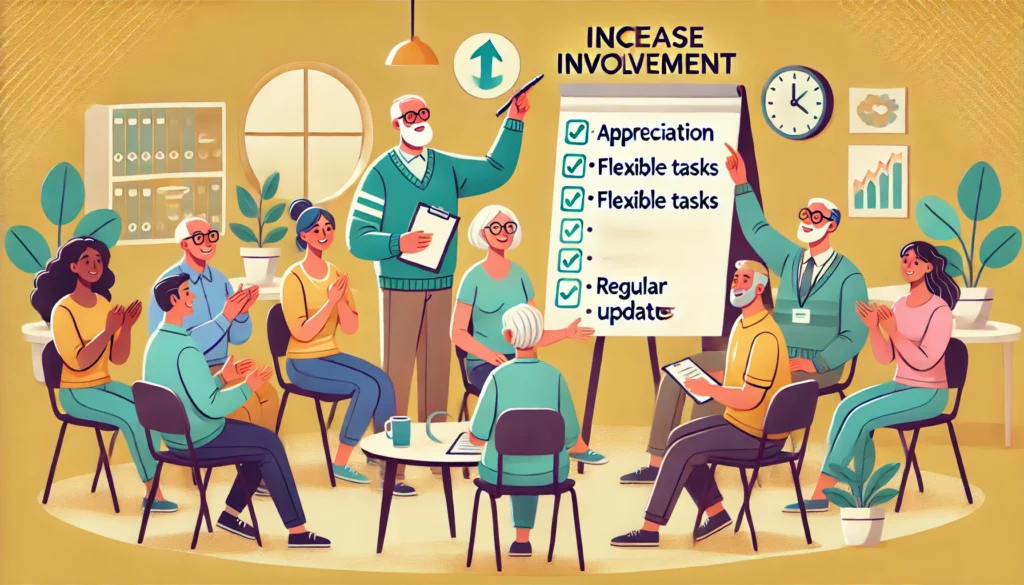 Een groep mensen brainstormt in een zorgomgeving over manieren om betrokkenheid te vergroten, met ideeën zoals 'Waardering,' 'Flexibele Taken,' en 'Regelmatige Updates' op een flipchart.