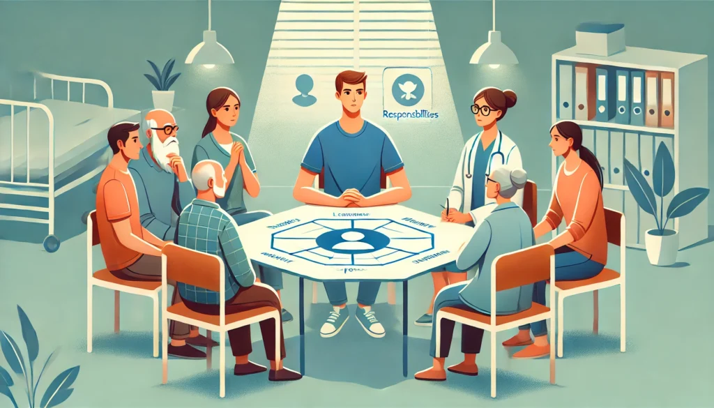 Een groep mensen werkt samen aan het oplossen van een conflict rond een tafel, met een mediator die rollen en verantwoordelijkheden verduidelijkt.