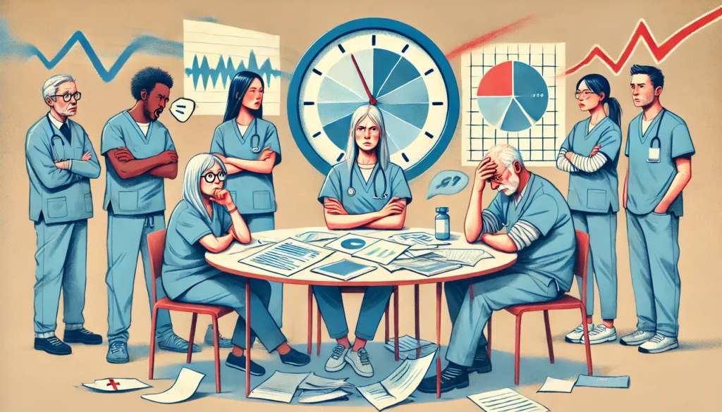 Een groep mensen rond een tafel in een zorgsituatie met zichtbare spanning, waaronder frustratie en verwarring, terwijl papieren en een onduidelijk takenoverzicht verspreid liggen.