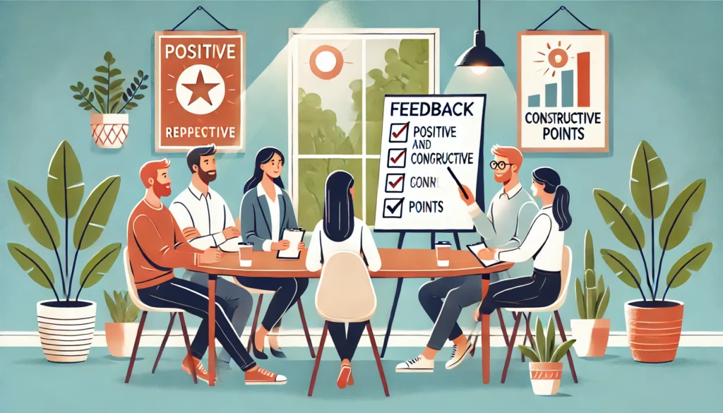 Een kleine groep mensen zit rond een tafel in een ontspannen discussie, geeft feedback en evalueert een afgerond project, met een flip-over waarop positieve en constructieve punten worden weergegeven.