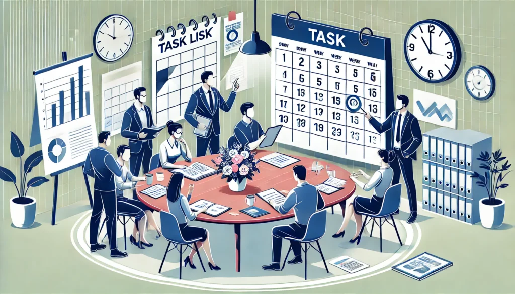 Een groep mensen zit rond een tafel met een grote kalender en takenlijst, terwijl ze samen verantwoordelijkheden verdelen in een heldere, georganiseerde ruimte.