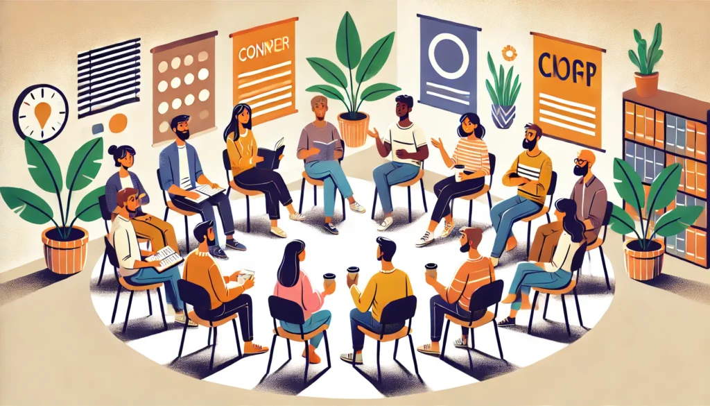 Een diverse groep mensen zit in een cirkel in een heldere gemeenschapsruimte, met open en vriendelijke discussies om relaties binnen een netwerk te versterken.