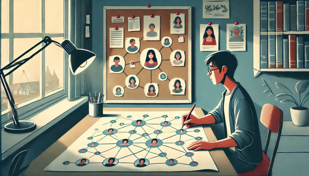 Een persoon zit aan een bureau en brengt een sociaal netwerk in kaart op een vel papier, met cirkels en lijnen die familie, vrienden en gemeenschapsleden verbinden, in een warme, georganiseerde kamer.