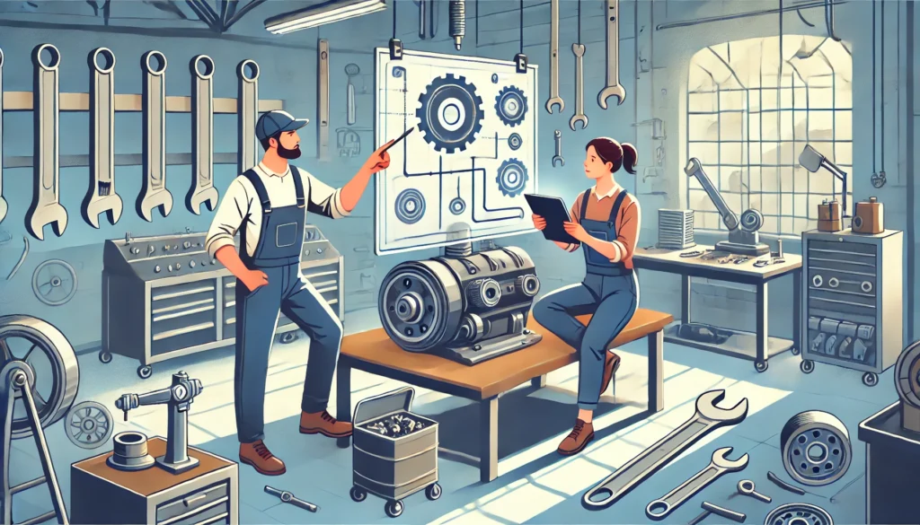 Twee mensen lossen samen een praktisch probleem op, waarbij een van hen een moersleutel vasthoudt en de ander een schema op een tablet aanwijst in een georganiseerde werkplaats.