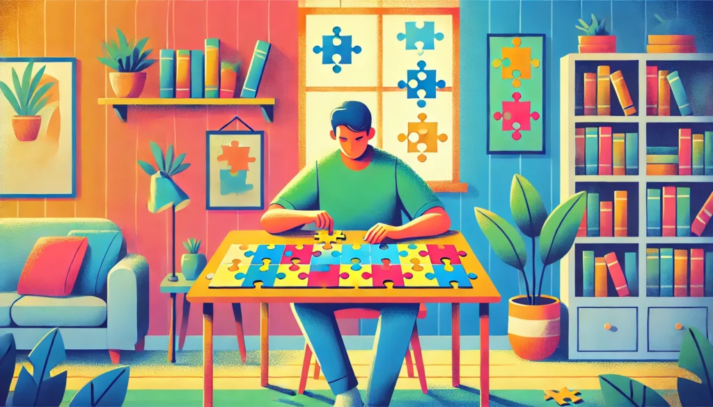 Een persoon werkt geconcentreerd aan het oplossen van een kleurrijke puzzel aan een tafel in een warme, goed verlichte kamer, met boeken en planten op de achtergrond.