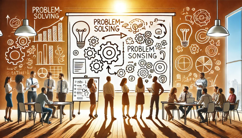 Een diverse groep mensen brainstormt rond een whiteboard met schetsen van ideeën, waaronder tandwielen en lampjes, die creativiteit en gestructureerd probleemoplossend denken symboliseren.