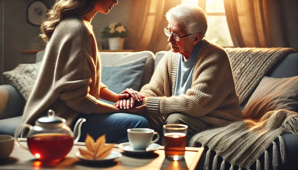 Een verzorger houdt de handen van een oudere persoon vast in een gezellige woonkamer, terwijl ze aandachtig luisteren, met een kop thee en een warme deken op de achtergrond.