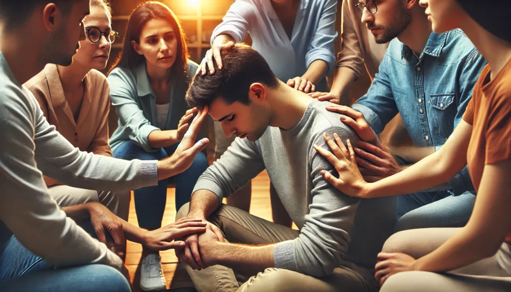 Een diverse groep mensen in een kring biedt troost aan een persoon in het midden door handgebaren en steunende aanrakingen, in een warme en serene binnenruimte.