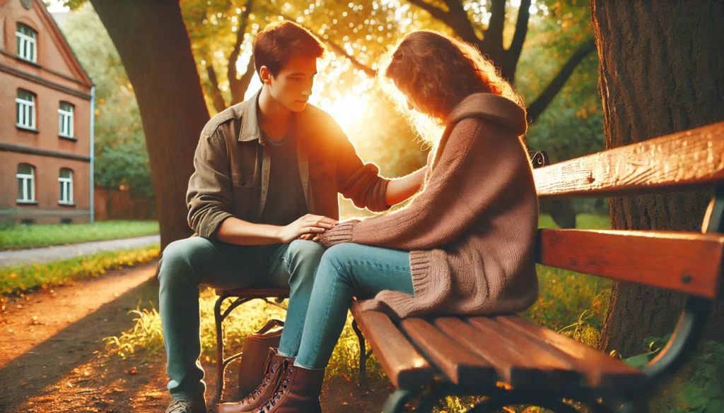 Twee mensen zitten samen op een parkbank, waarbij één persoon de ander troost met een hand op hun hand, omringd door een rustige en zonnige omgeving.