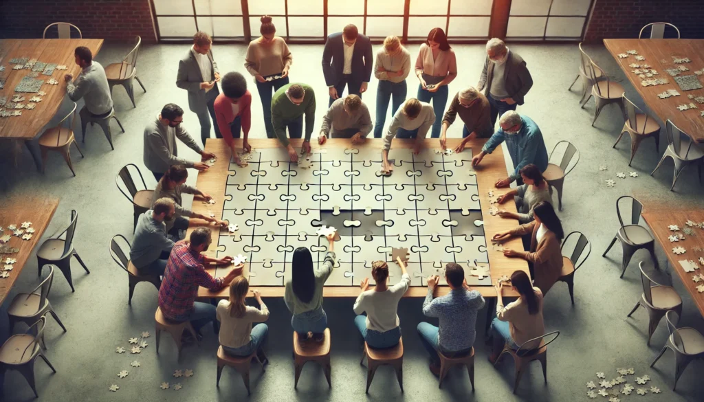 Een diverse groep mensen werkt samen aan een puzzel op een grote tafel, waarbij iedereen een stuk bijdraagt in een warme, gezellige ruimte.
