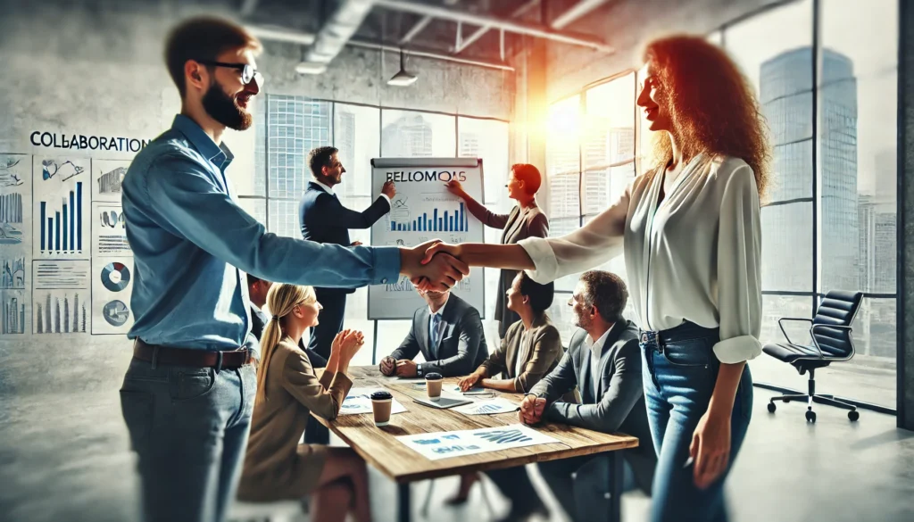 Twee mensen van diverse achtergronden schudden elkaar de hand in een moderne kantooromgeving, met een groep collega's brainstormend op de achtergrond.