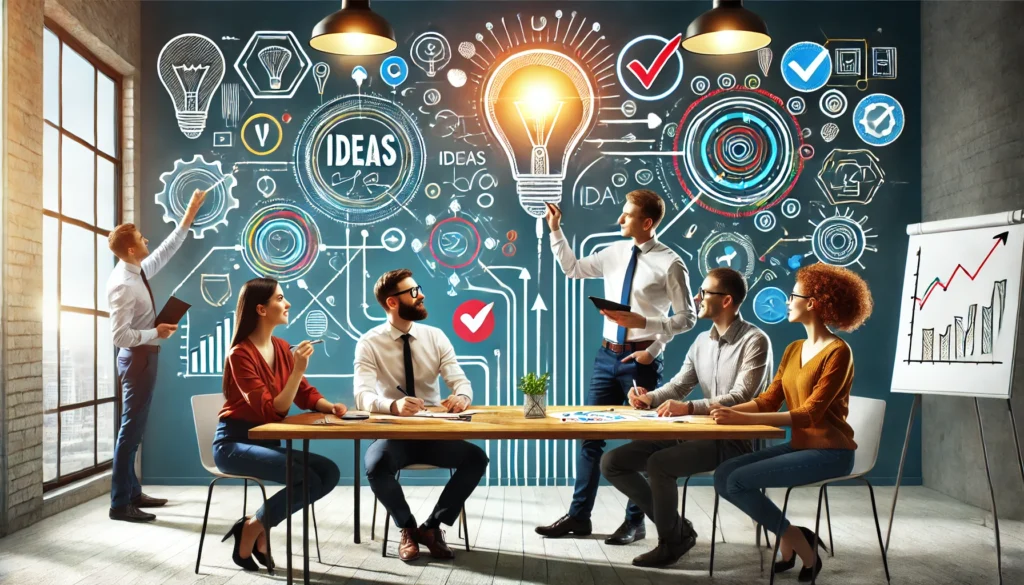 Meerdere mensen van diverse achtergronden brainstormen samen rond een tafel, met één persoon die op een whiteboard tekent en een ander aantekeningen maakt. Symbolen zoals lichtbollen en checkmarks benadrukken samenwerking en overeenstemming.