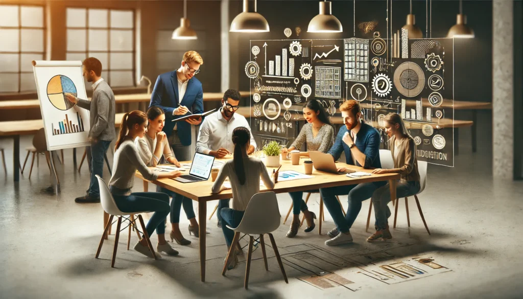 Kleine diverse groep mensen werkt samen aan een tafel, elk gericht op een eigen taak, met een whiteboard en notities op de achtergrond.
