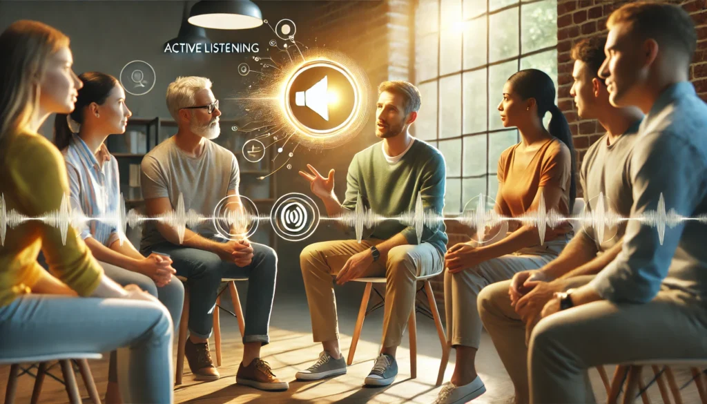 Drie mensen van diverse achtergronden zitten in een kring, met één persoon die spreekt terwijl de anderen actief luisteren met betrokken lichaamstaal zoals knikken en oogcontact.