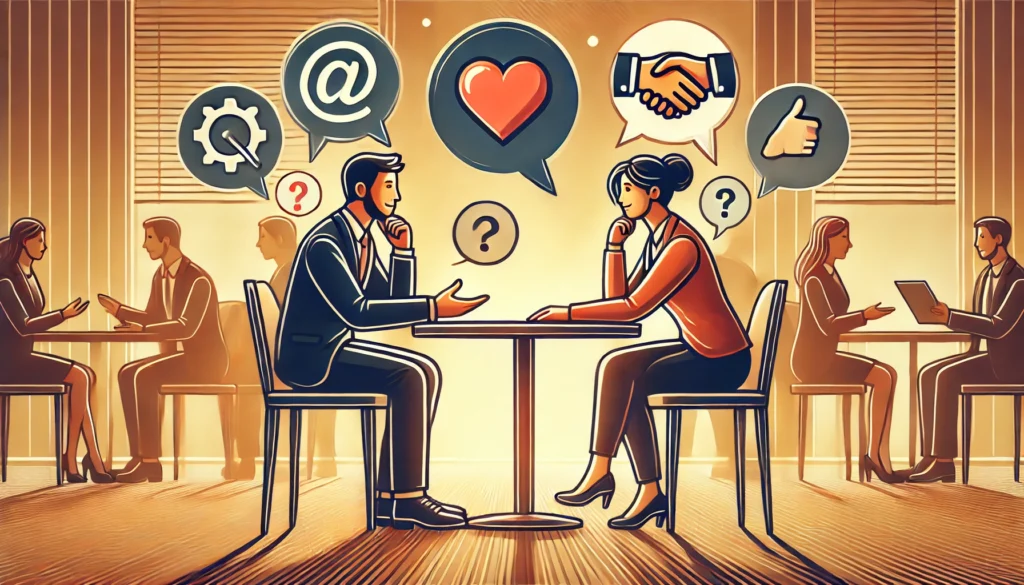 Twee mensen van verschillende achtergronden in gesprek aan een kleine ronde tafel, met symbolen van een hart, vraagteken en handdruk die communicatievaardigheden zoals begrip, vragen stellen en overeenstemming benadrukken.