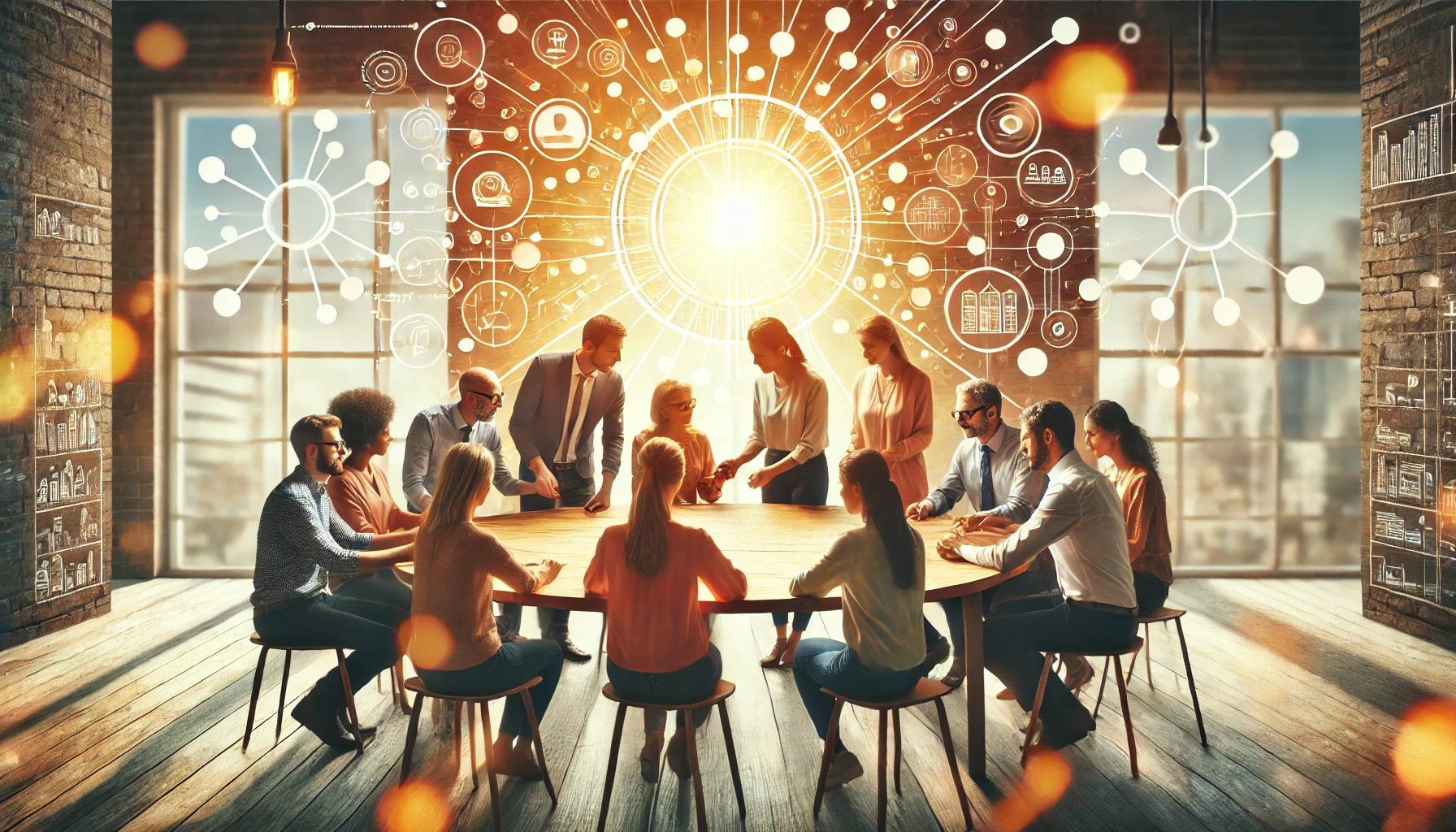 Diverse groep mensen werkt samen aan een ronde tafel in een warme en uitnodigende omgeving, met subtiele visualisatie van een sociaal netwerk op de achtergrond.