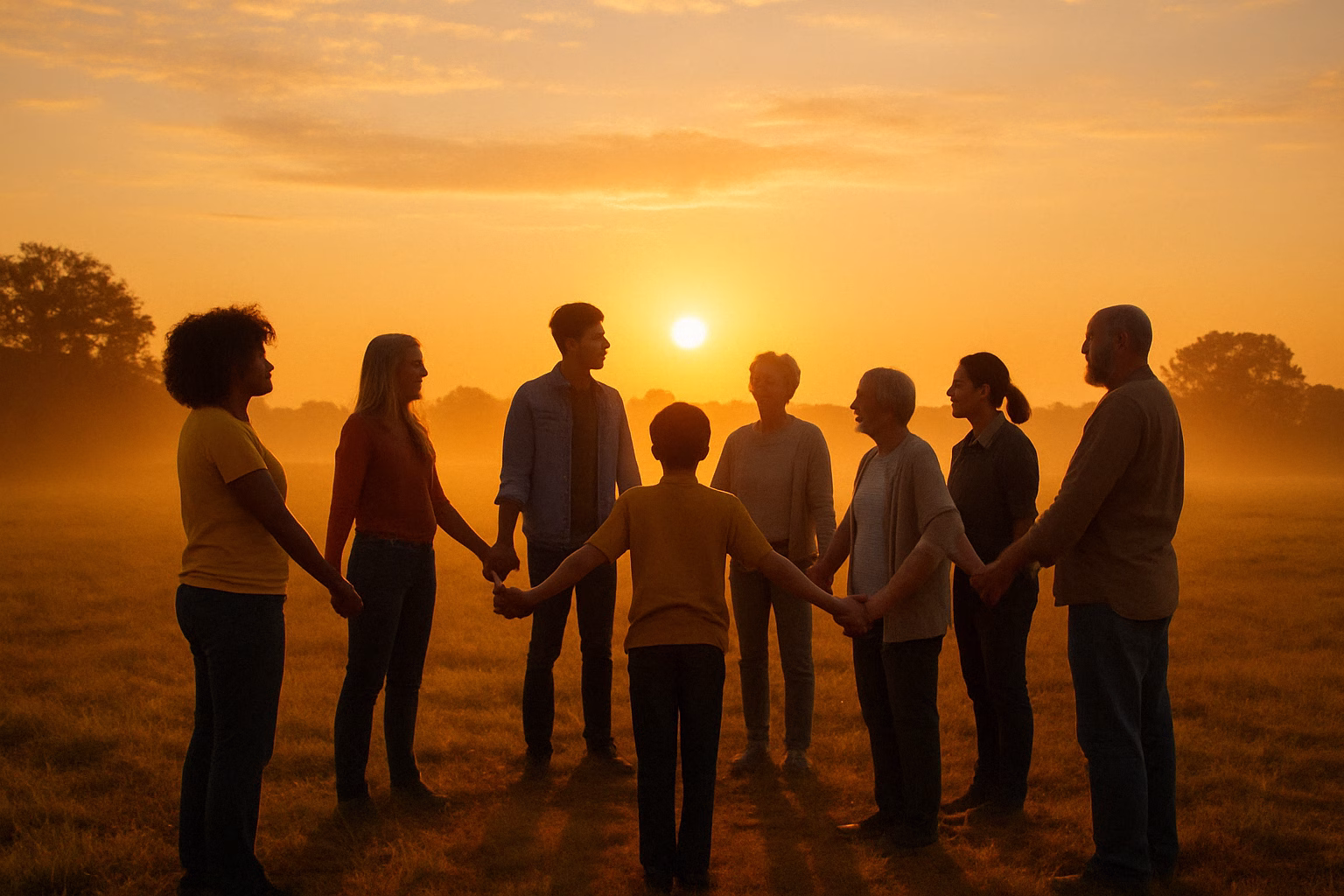 Mensen van diverse achtergronden hand in hand in een cirkel bij zonsopgang.