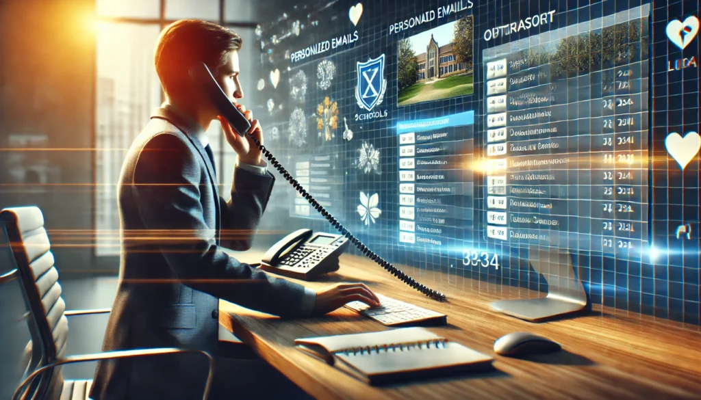 Professionele in een modern kantoor die e-mails verzendt en telefoontjes pleegt, met een digitale agenda en een lijst van scholen op een computerscherm.