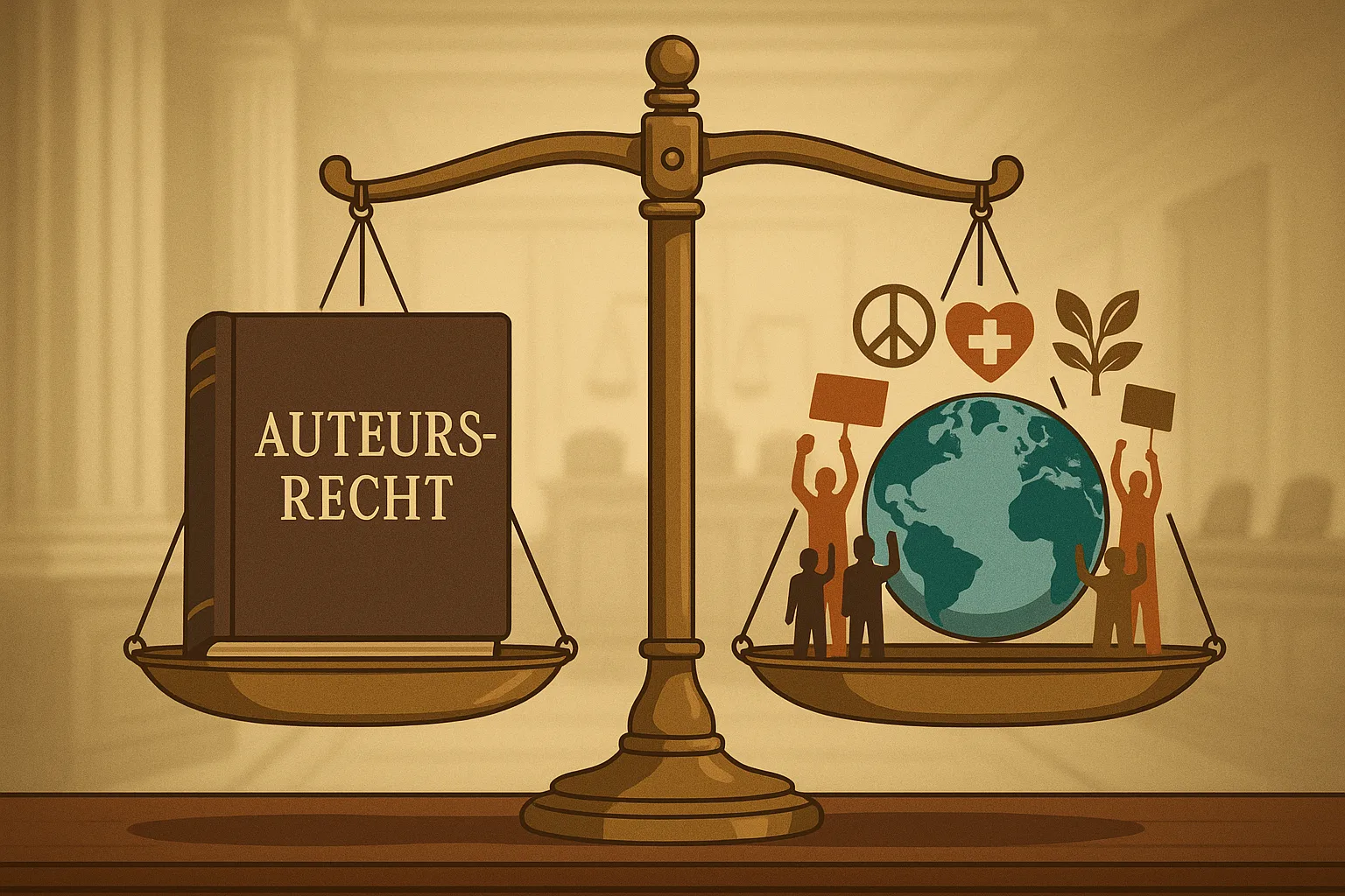 Illustratie van de balans tussen auteursrecht en algemeen belang in maatschappelijke context.