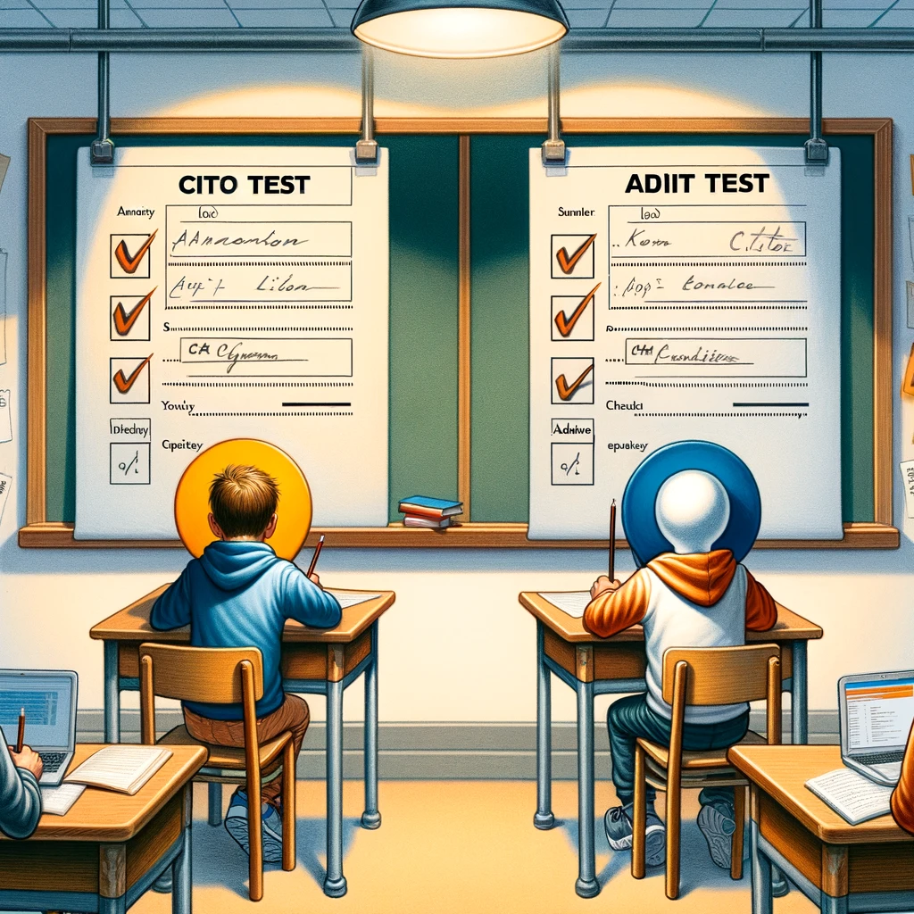 Kind vult digitale test in terwijl datafiguur meekijkt