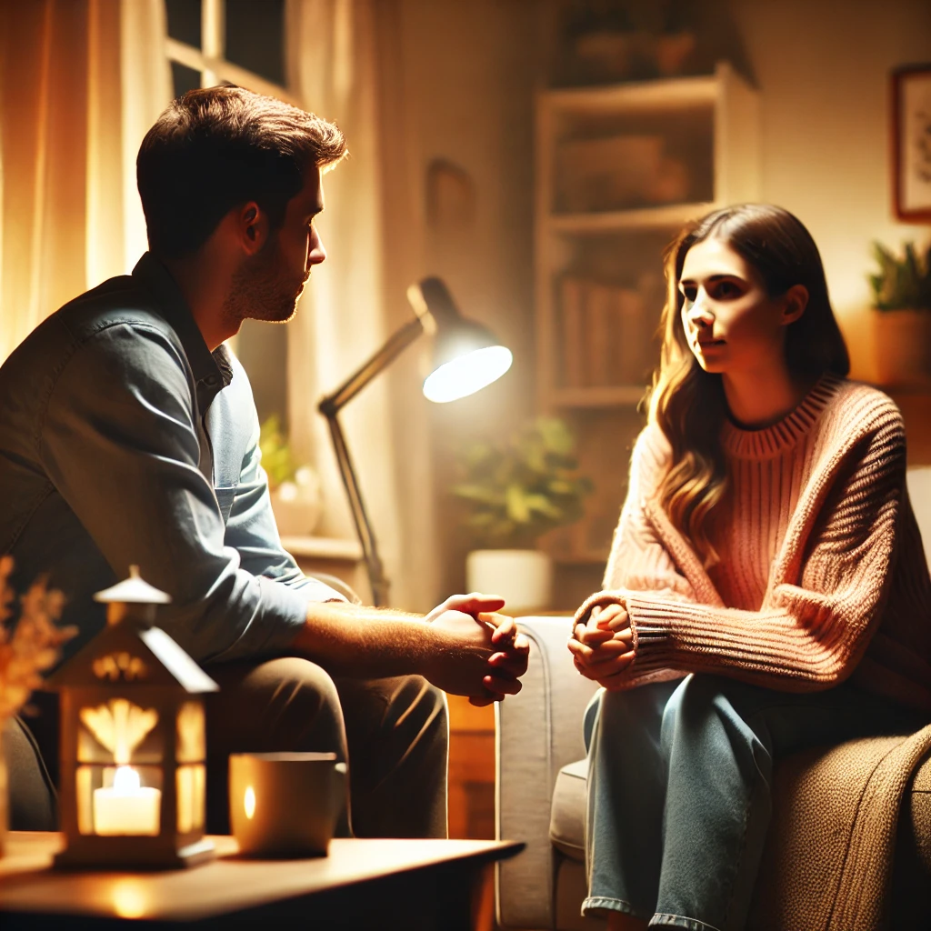 Twee personen diepgaand in gesprek in een warm verlichte, gezellige woonkamer, uitdrukking gevend aan vertrouwen en wederzijdse zorg.
