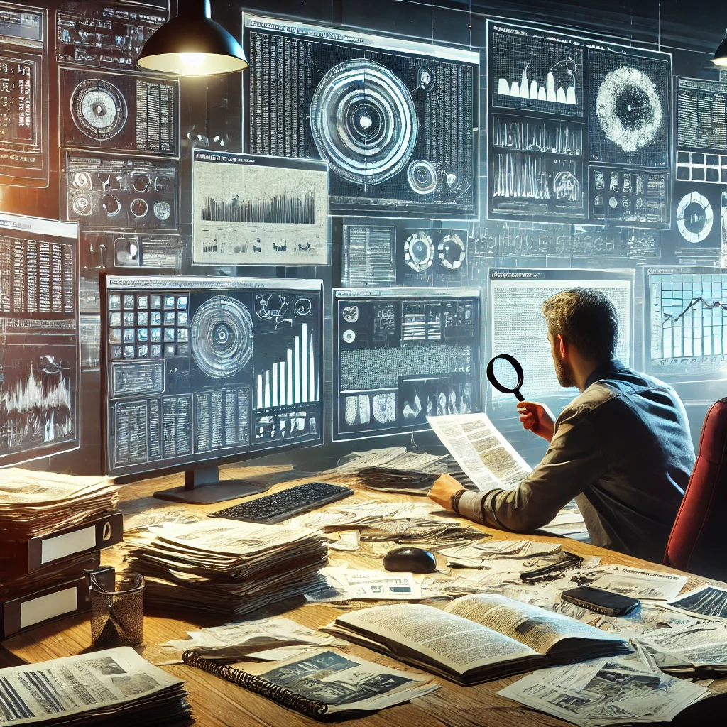 Een persoon omgeven door verschillende documenten en digitale schermen, druk zoekend naar betrouwbare en feitelijke informatie in een modern kantoor.