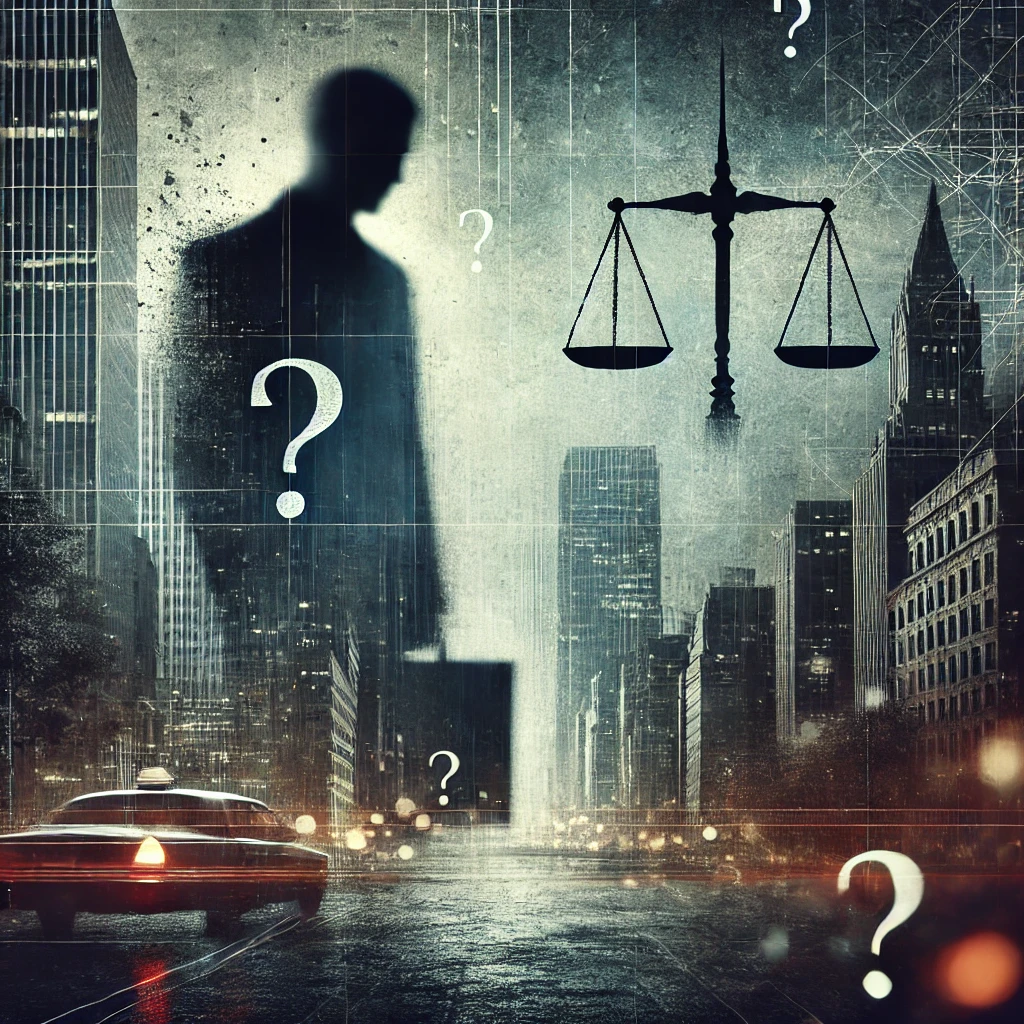 Een sombere digitale afbeelding met een vervaagde silhouet van een man tegen een donkere stedelijke achtergrond, symbolen zoals een weegschaal van gerechtigheid en vraagtekens subtiel geïntegreerd.