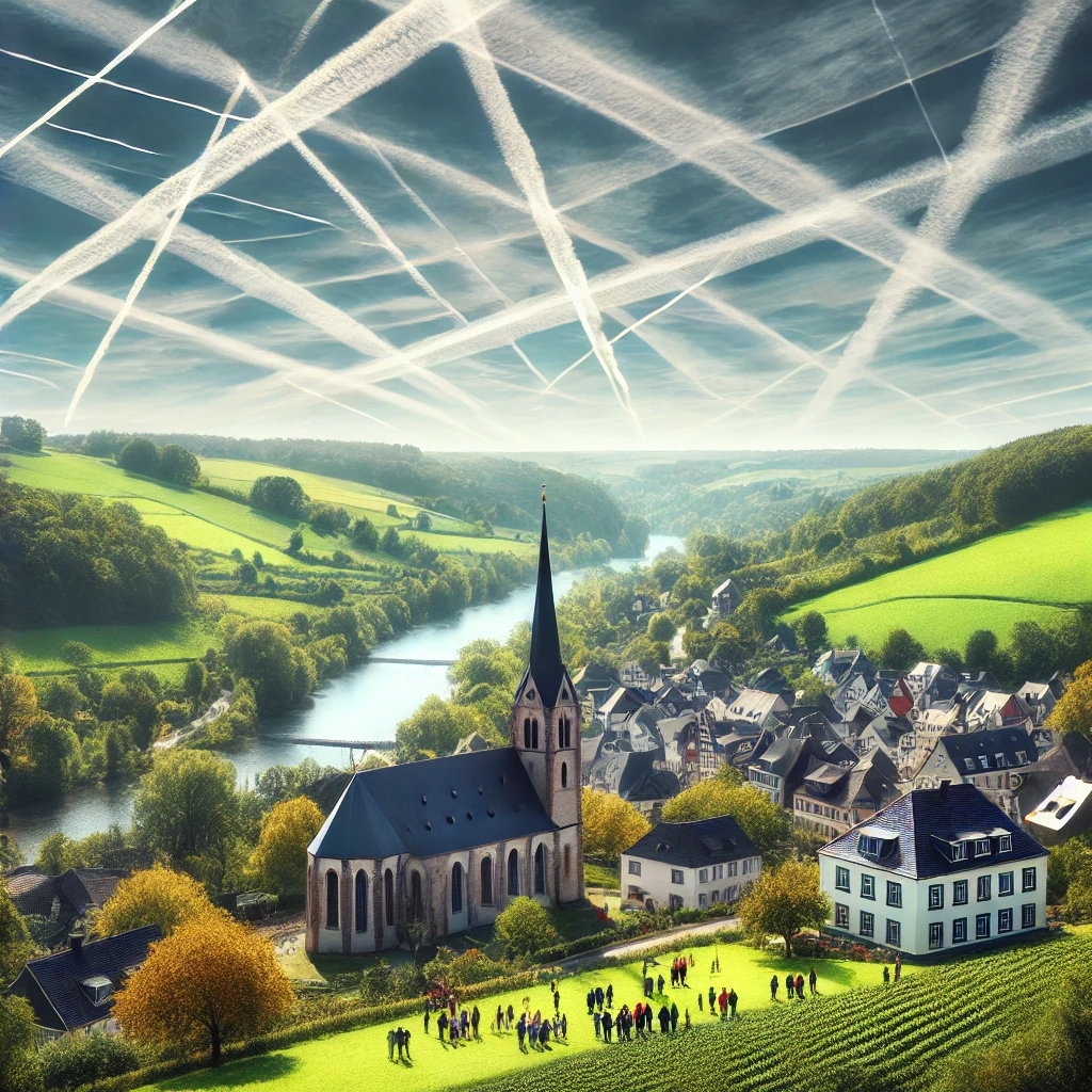 Helderblauwe lucht boven Limburg met chemtrails in patronen, groene heuvels, een Limburgs dorp met een kerkje, en burgers die naar de lucht wijzen, symboliserend bewustwording en actie.