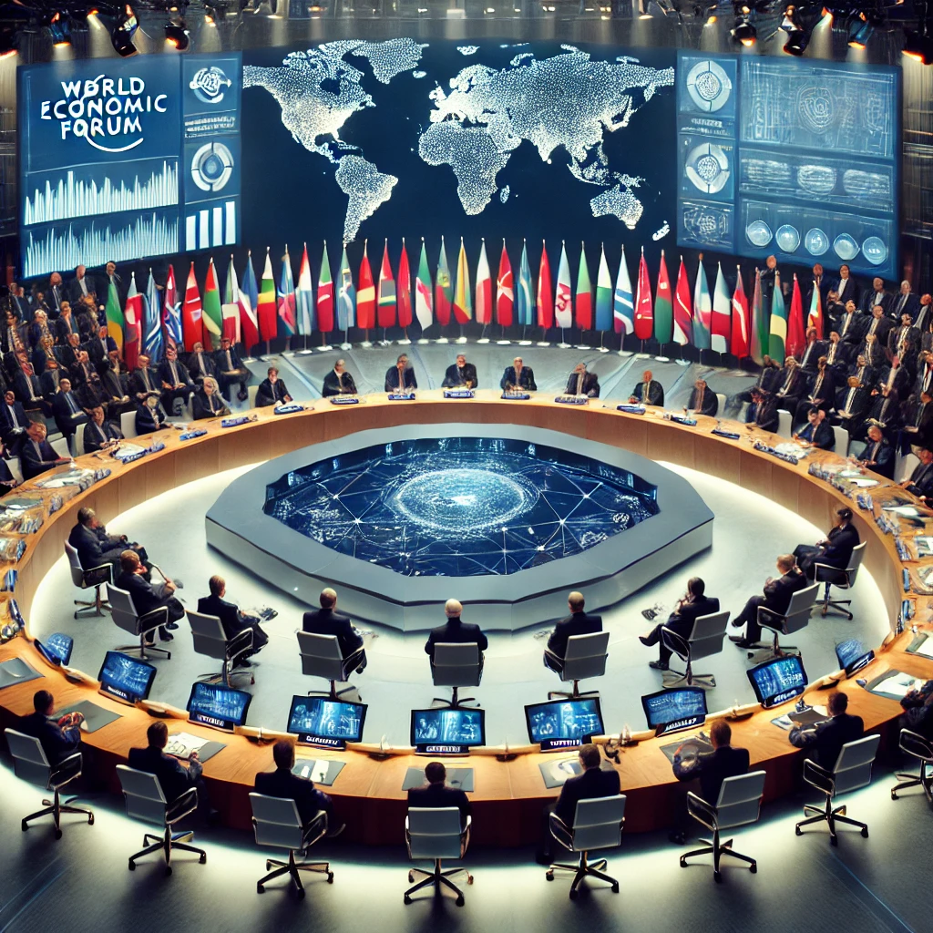 Conferentie van het World Economic Forum over pandemiebeleid met wereldleiders en digitale schermen die statistieken tonen.