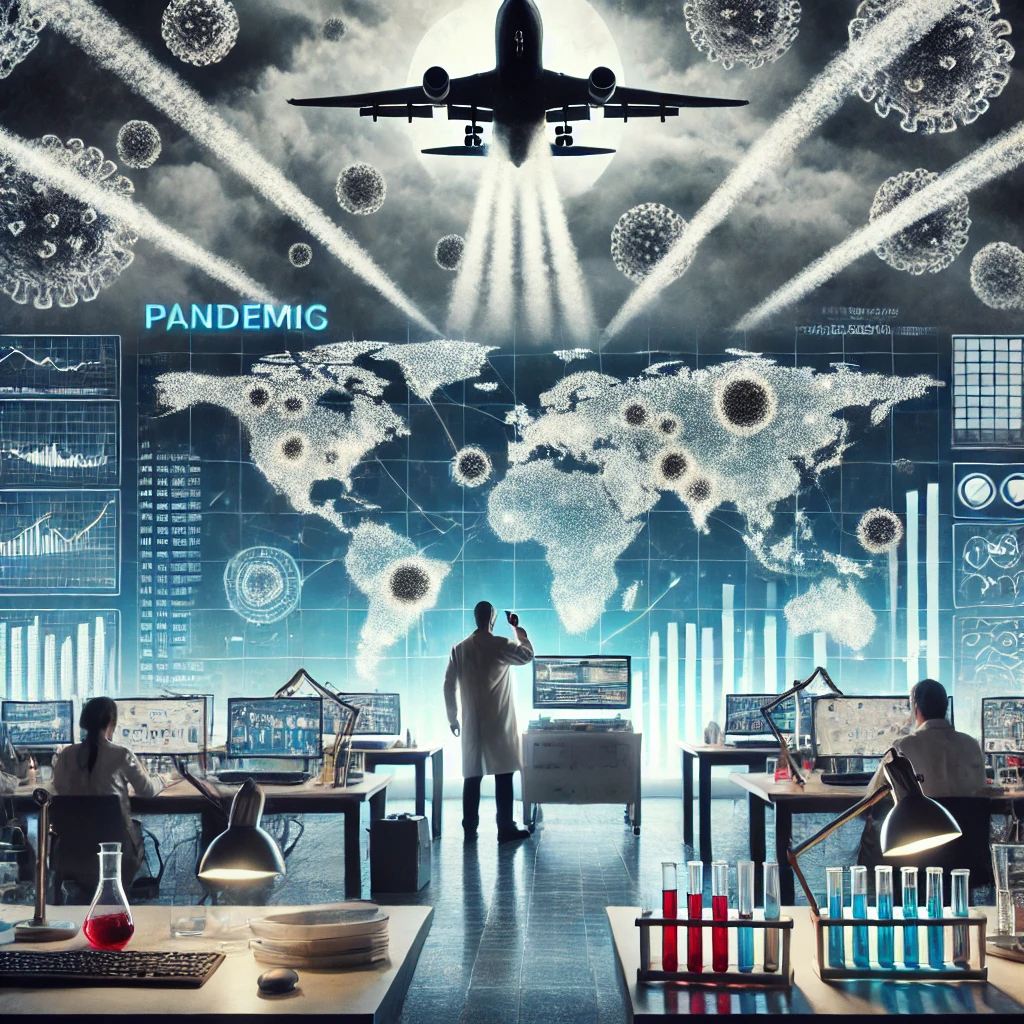 Pandemiesimulatie in een high-tech laboratorium met onderzoekers die werken aan virusmodellen, wereldkaart met pandemische zones op de achtergrond, en een vliegtuig dat chemtrails verspreidt.