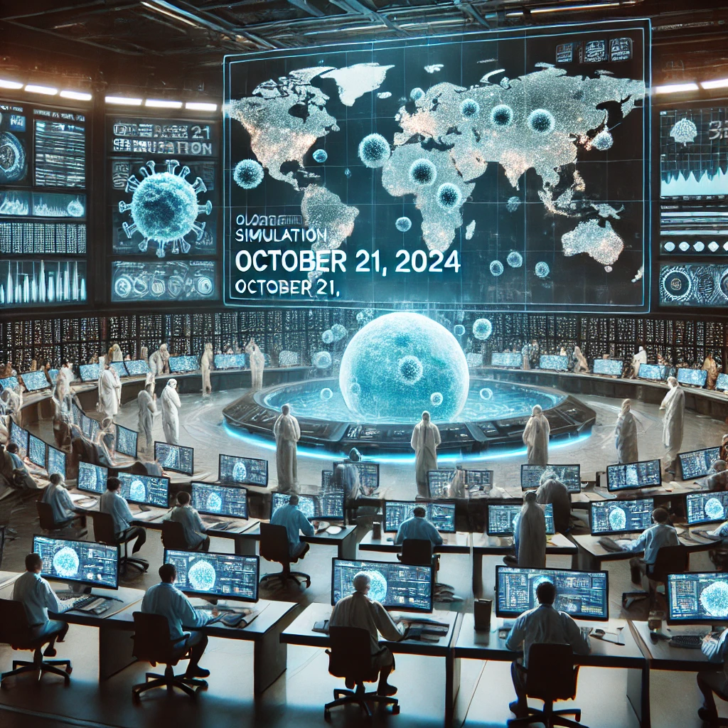 Futuristische pandemiesimulatie op 21 oktober 2024 met wetenschappers en gezondheidsfunctionarissen in een commandocentrum, coördinerend op wereldwijde virale uitbraken.