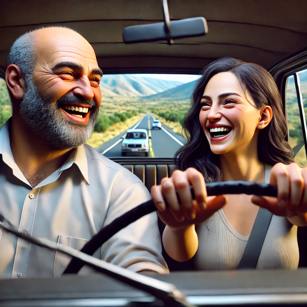 Sunny, een nette Armeense man, en Luna, een slanke vrouw met lang donker haar, lachen terwijl ze samen door Armenië rijden.