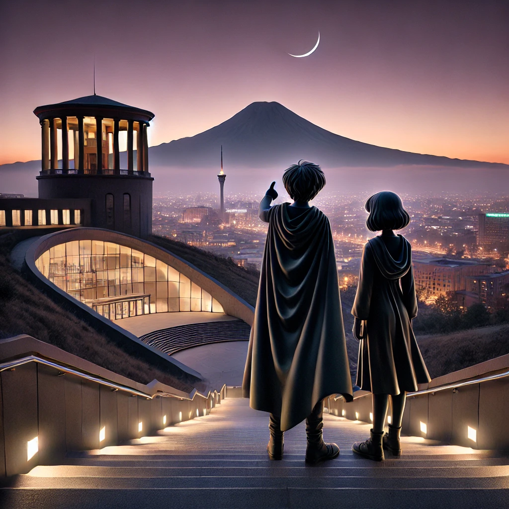 Luna en Sunny staan bovenaan de Cascade met uitzicht over Jerevan en de berg Ararat