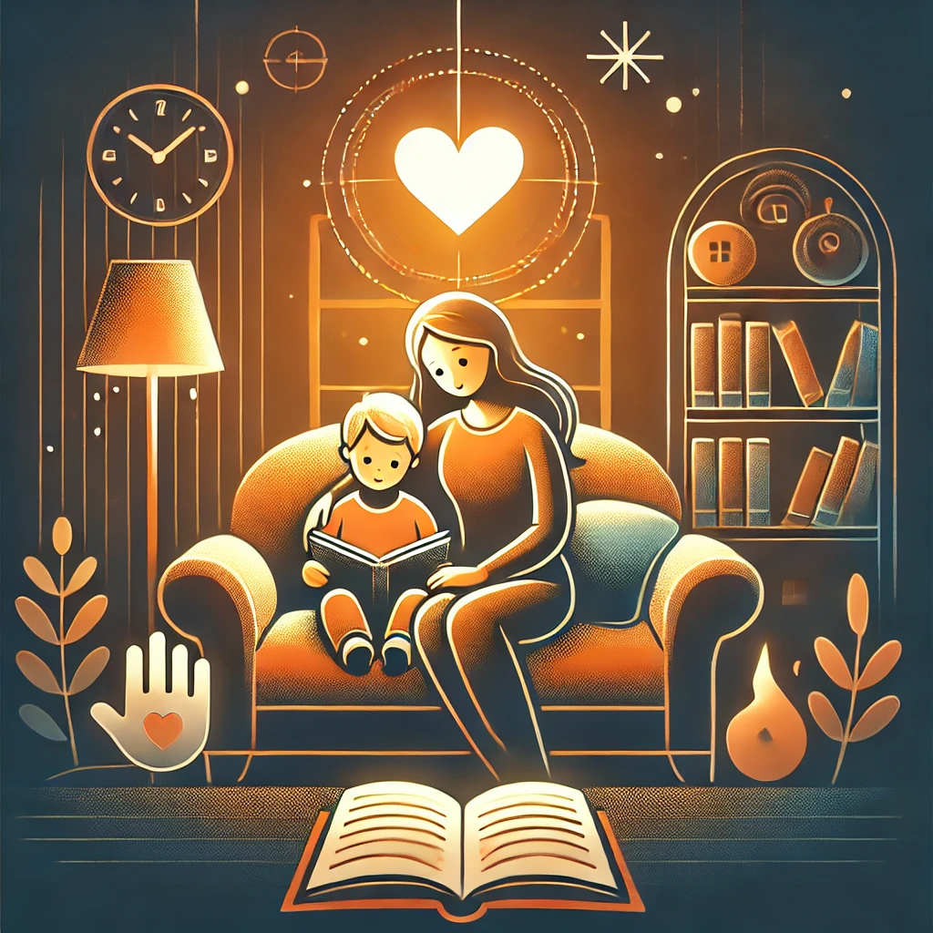 Een kind en pleegouder zitten samen op een gezellige bank in een warm huis, omgeven door symbolen van zorg en steun, zoals een gloeiend hart en een helpende hand.