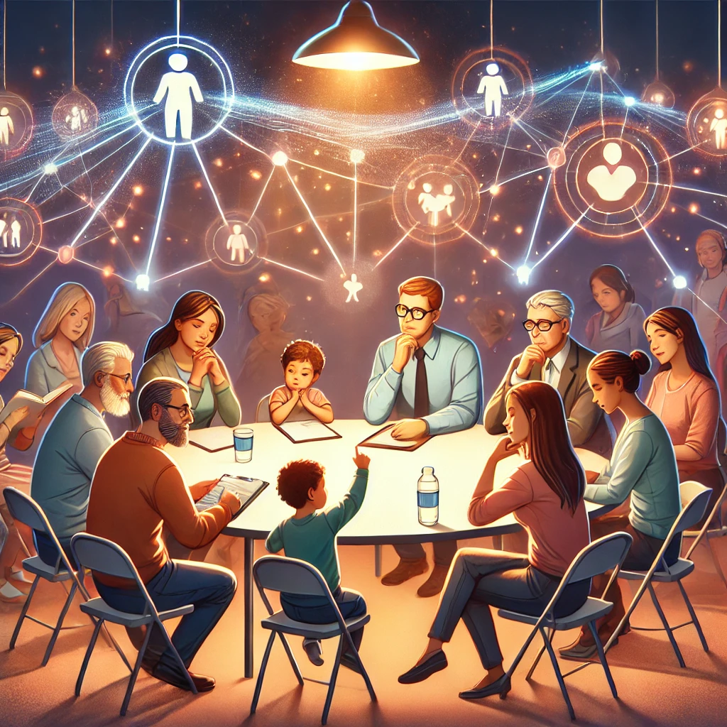 Een ronde tafel met pleegouders die constructieve feedback geven aan hulpverleners, omgeven door een netwerk van samenwerking en kinderen die hoopvol toekijken.