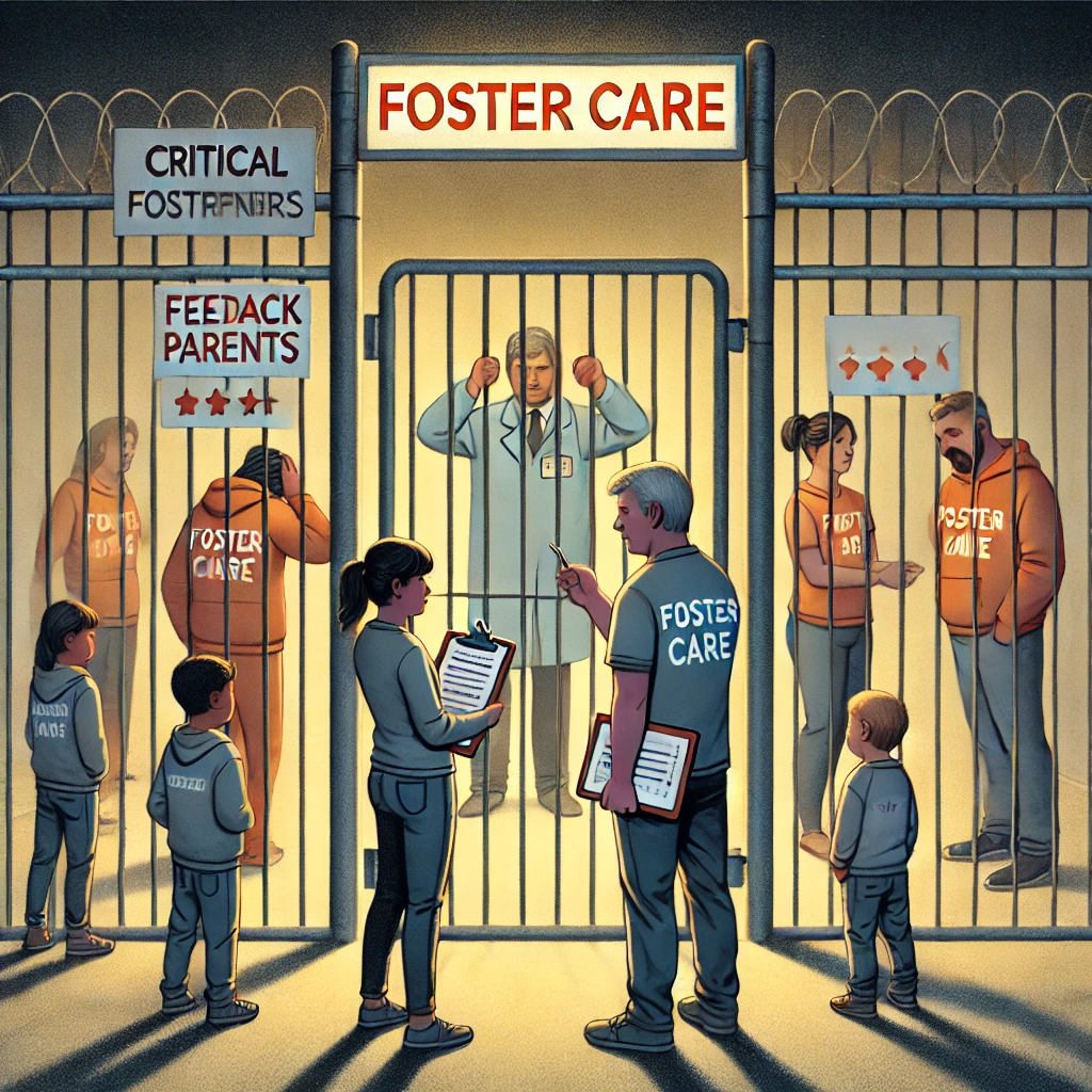 Een groep pleegouders staat achter een gesloten hek met het bord 'Pleegzorg', terwijl een ouder een bord met 'Feedback' vasthoudt en een andere naar een clipboard wijst, wat de uitsluiting van kritische pleegouders symboliseert.