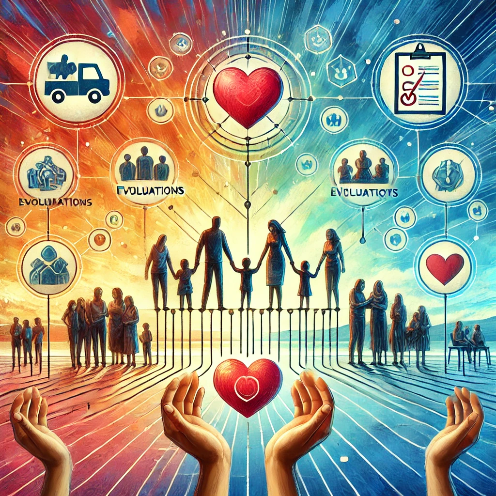 Een centrale familie omgeven door een ondersteunend netwerk met symbolen zoals handen met harten, checklists en community-lijnen, die doorlopende evaluaties en zorg benadrukken.