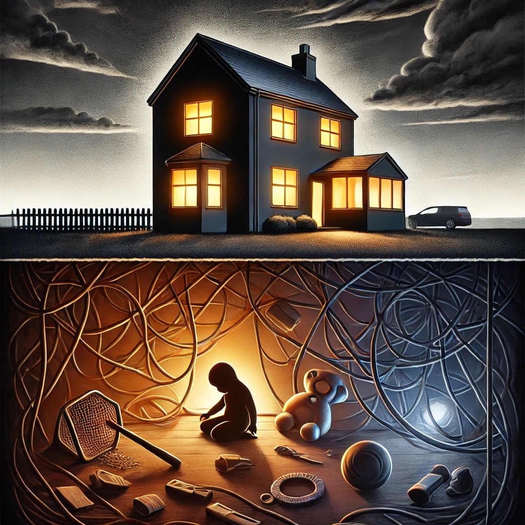Een huis met warme lichten aan de oppervlakte, terwijl er onder de grond donkere schaduwen en gebroken speelgoed zichtbaar zijn, die de verborgen gevaren in pleegzorg symboliseren.