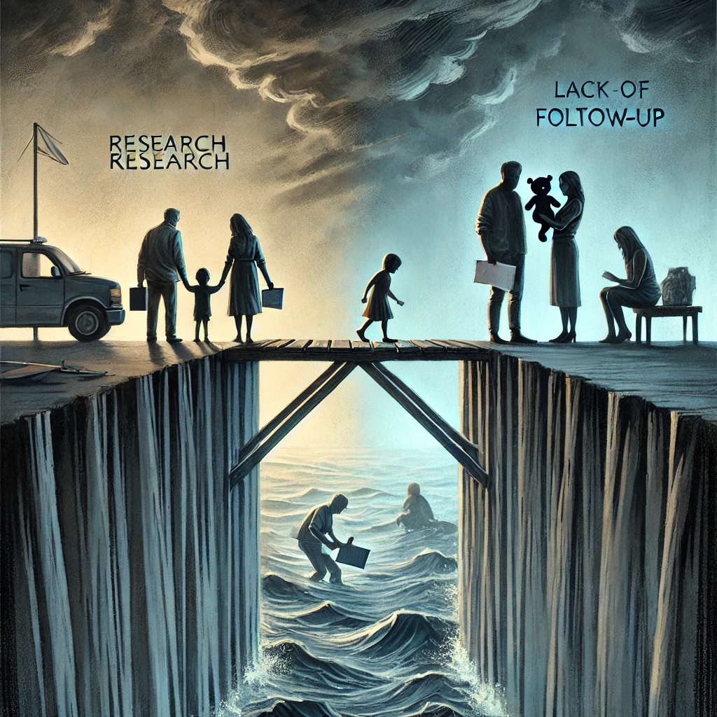 Een symbolische afbeelding van een incomplete brug die abrupt eindigt boven een donkere rivier, met aan de ene kant een gezin in licht en aan de andere kant een alleenstaand kind in de schaduw, die de kloof tussen onderzoek en opvolging in pleegzorg weerspiegelt.