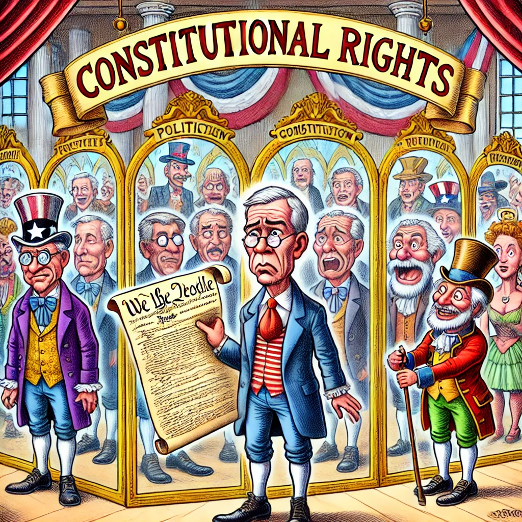 Satirische cartoon van Thorbecke in een spiegelpaleis genaamd 'Grondrechten,' waar de spiegels vervormde reflecties tonen van politici en burgers als marionetten.