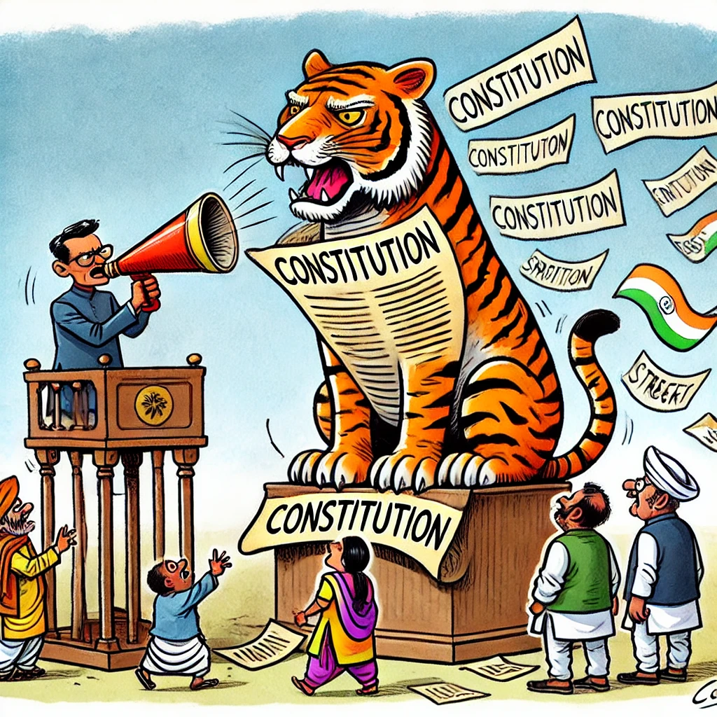 Satirische cartoon van een papieren tijger met het label 'Grondwet' op een sokkel, terwijl een politicus met een megafoon het een symbool van kracht noemt, terwijl het door een windvlaag om dreigt te vallen.
