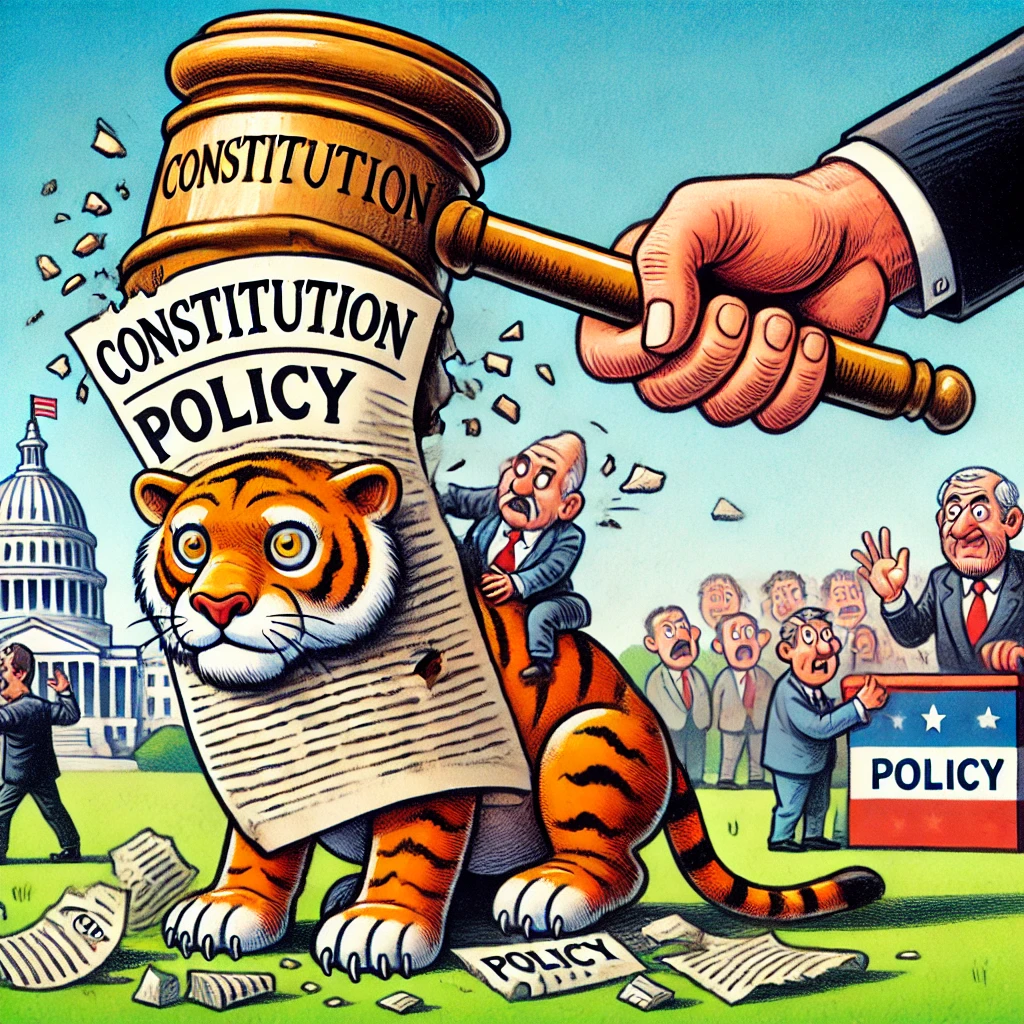 Cartoon van een papieren tijger met het label 'Grondwet', die instort onder een hamer met het opschrift 'Beleid', met een lachende politicus op de achtergrond.
