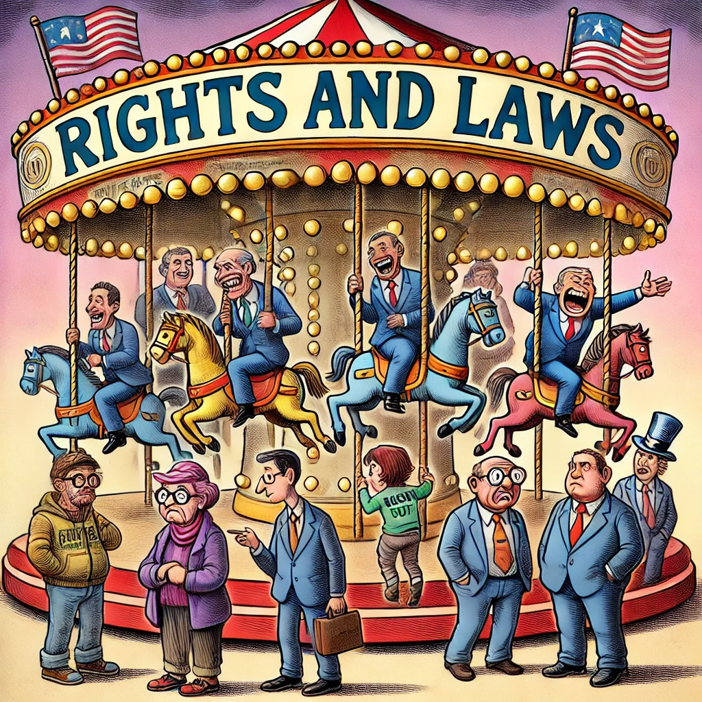 Satirische illustratie van een draaimolen genaamd 'Rechten en Wetten' met politici die vrolijk rondjes draaien, terwijl burgers buiten de molen staan en verward toekijken.