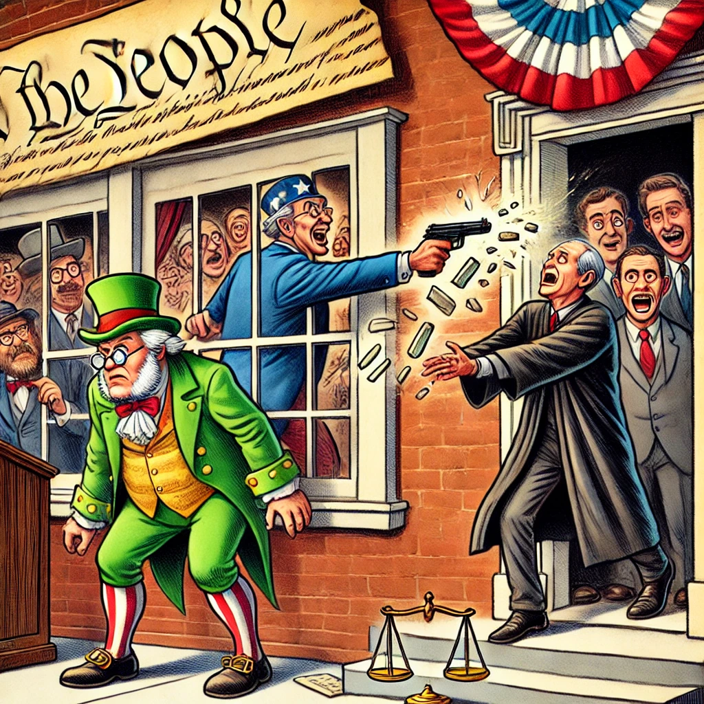 Satirische cartoon van een politicus die een wet door een raam met het label 'Grondwet' gooit, terwijl een machteloze rechter buiten met handboeien toekijkt.